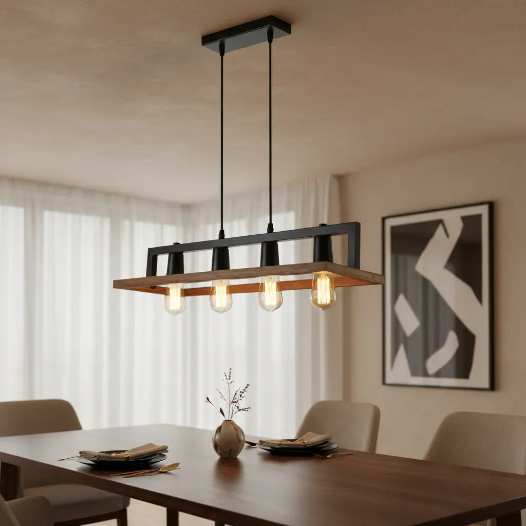 Lampara Colgante Madera + Metal 4 Socates Elegante