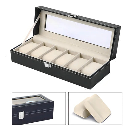 Caja para Relojes de Lujo con 6 Espacios, Organizador de Cuero Negro con Ventana y Llave