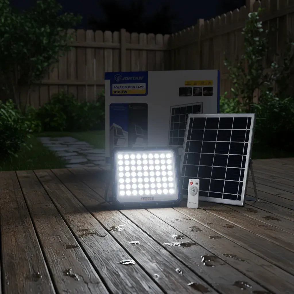 Foco Solar Led 1000w Jortan Exterior Panel Solar Y Control Gris Oscuro Blanco Frío