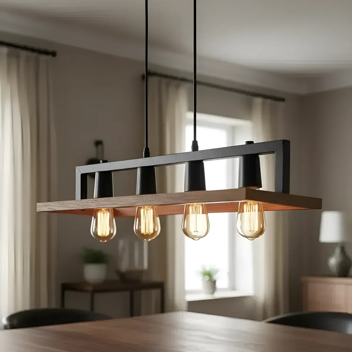 Lampara Colgante Madera + Metal 4 Socates Elegante