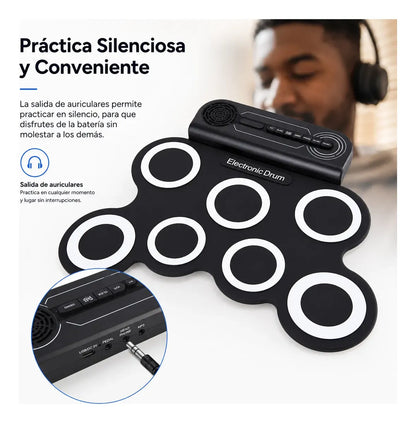 Batería Electrónica Digital Enrollable Portátil Recargable color negro