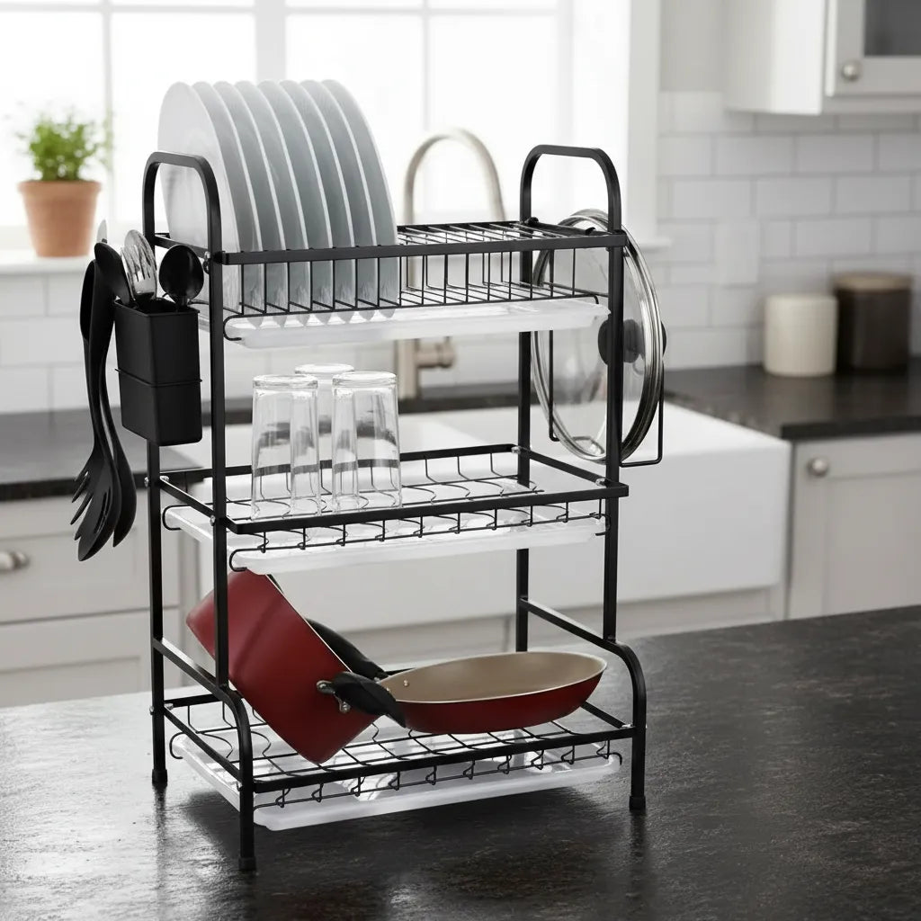 Secador Escurridor De Platos Organizador Cocina 3 Niveles, De Acero.