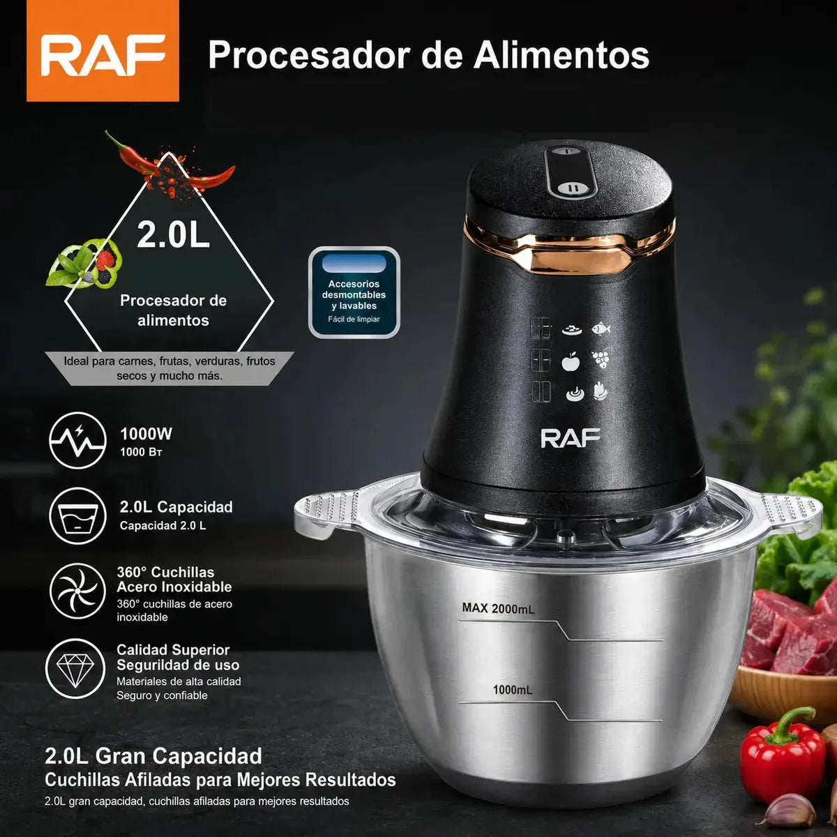 Procesador De Alimentos Eléctrico Picadora Raf 2l 1000W