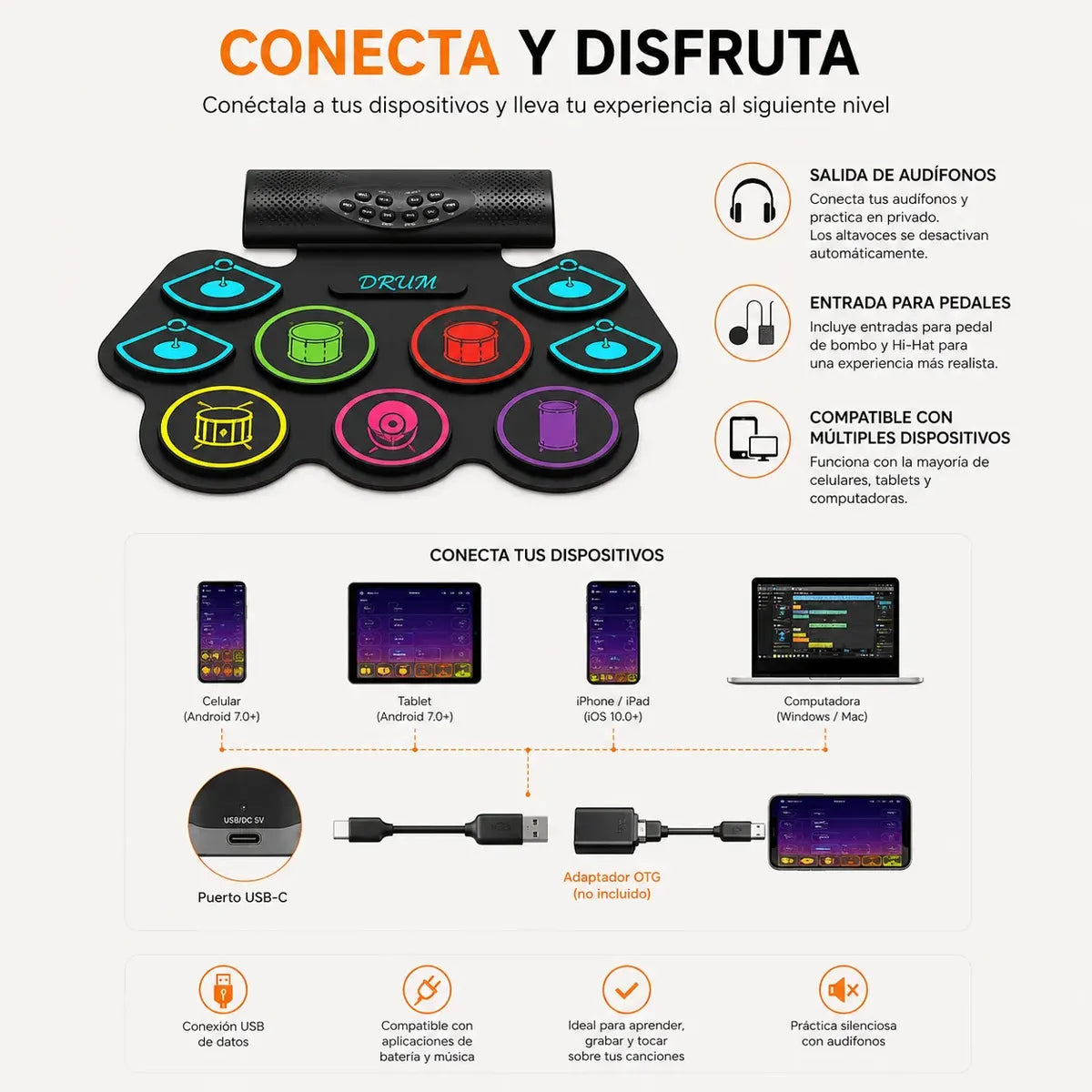 Batería Electrónica Portatil 9 Pads Set Baquetas Y Pedales