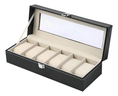 Caja para Relojes de Lujo con 6 Espacios, Organizador de Cuero Negro con Ventana y Llave
