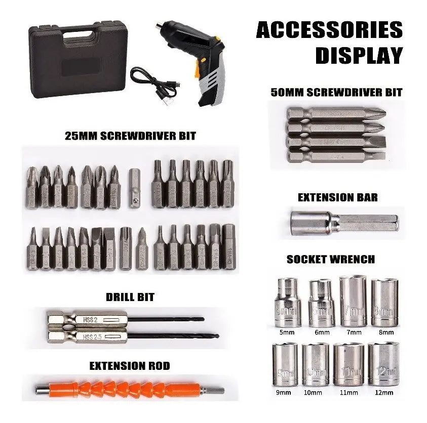 Taladro Destornillador Inalámbrico 45 Accesorios Maleta Color Negro Frecuencia 50 Hz x 60 Hz