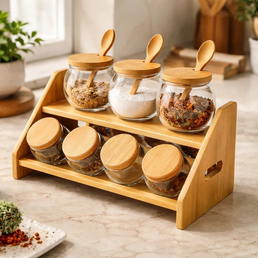 Set Contenedores Vidrio Bambu Organizador Especiero Cocina