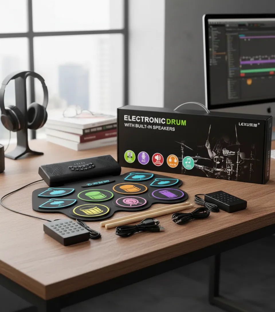 Batería Electrónica Portatil 9 Pads Set Baquetas Y Pedales