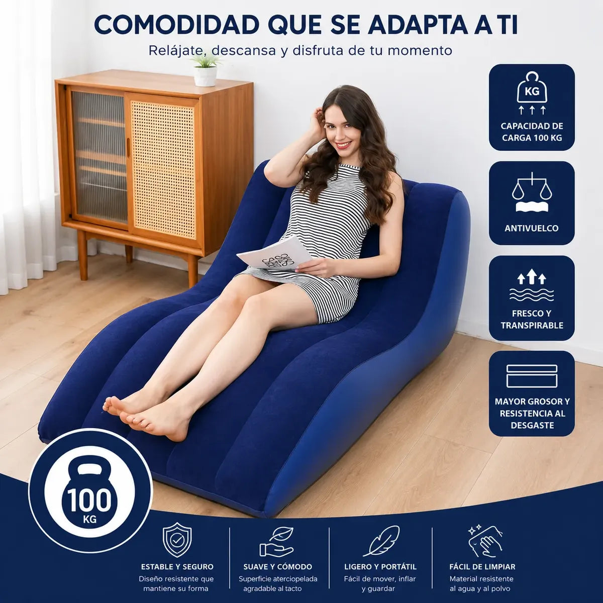 Sillon Inflable Reposera Tumbona Afelpada De Descanso 100kg