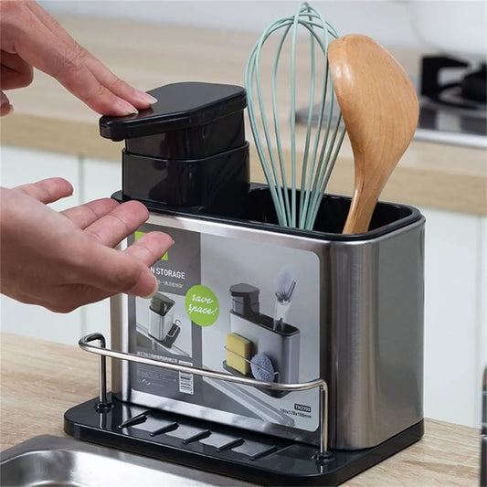 Dispensador De Lavalozas Jabón Y Porta Esponja Organizador De Cocina Color Plateado Rack Todo En Uno Para Lavaplatos