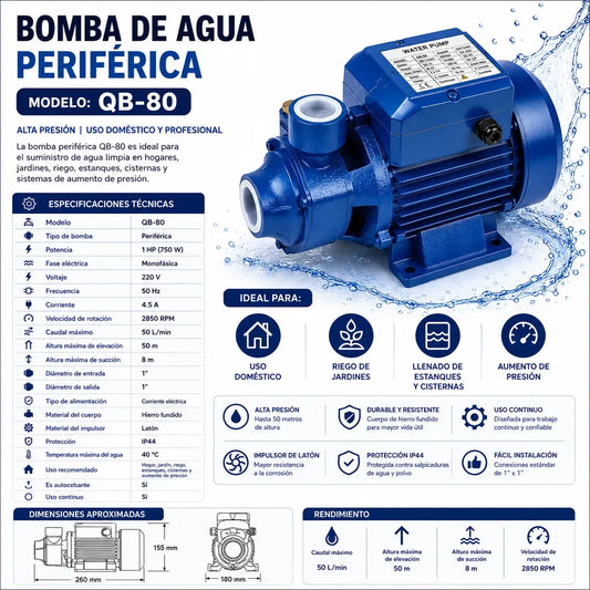 Bomba De Agua Periférica Alta Potencia Qb80 1hp 750w 220v