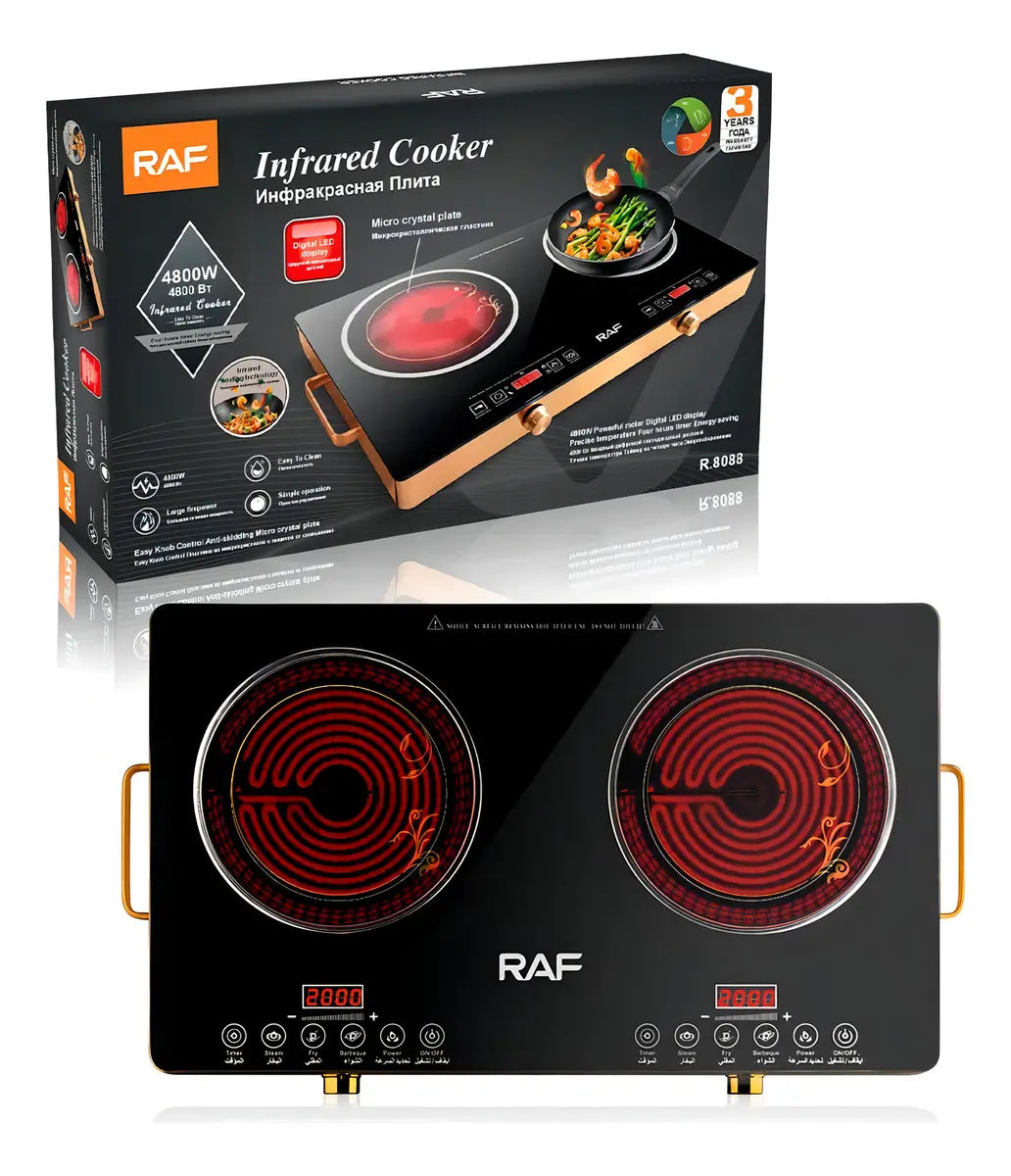 Cocinilla Infrarroja Encimera 2 Platos Eléctrica Raf R.8088 Color Negro Con Dorado