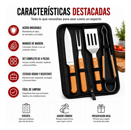 Kit Asado Parrilla 4 Utensilios Mango Madera Con Estuche