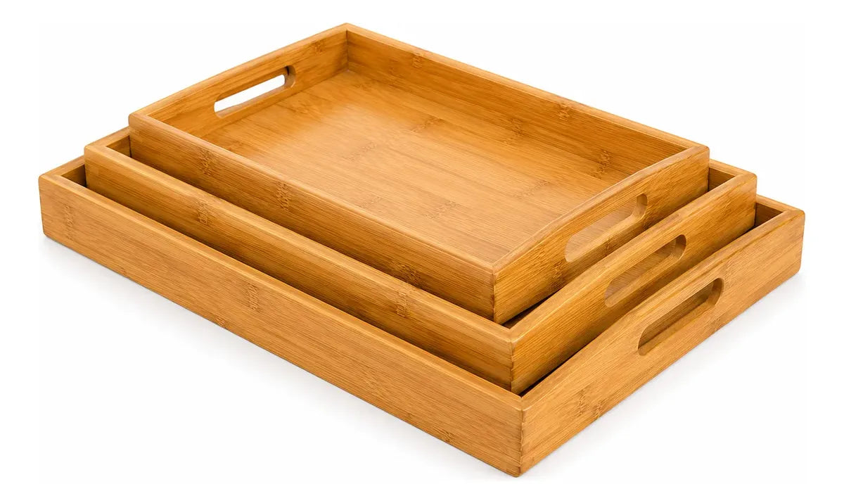 Set 3 Bandejas Madera Bambu Para Servir Cocina Y Aperitivos