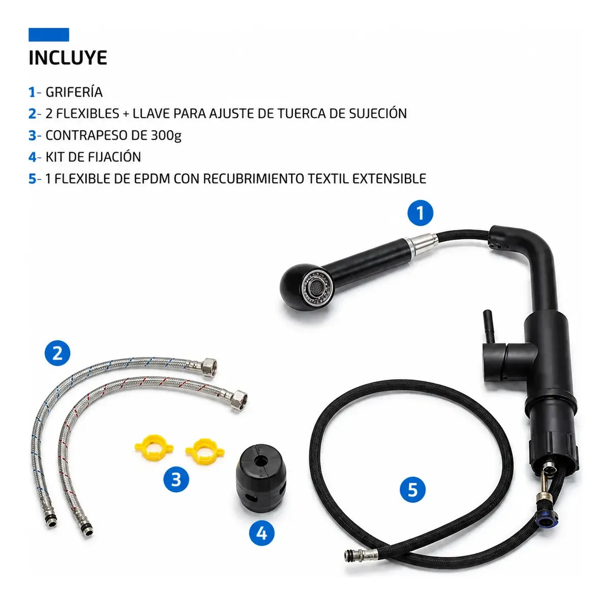 Grifería Llave Monomando Cocina Negro Mate Extensible 65cm