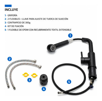 Grifería Llave Monomando Cocina Negro Mate Extensible 65cm