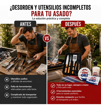 Kit Asado Parrilla 4 Utensilios Mango Madera Con Estuche