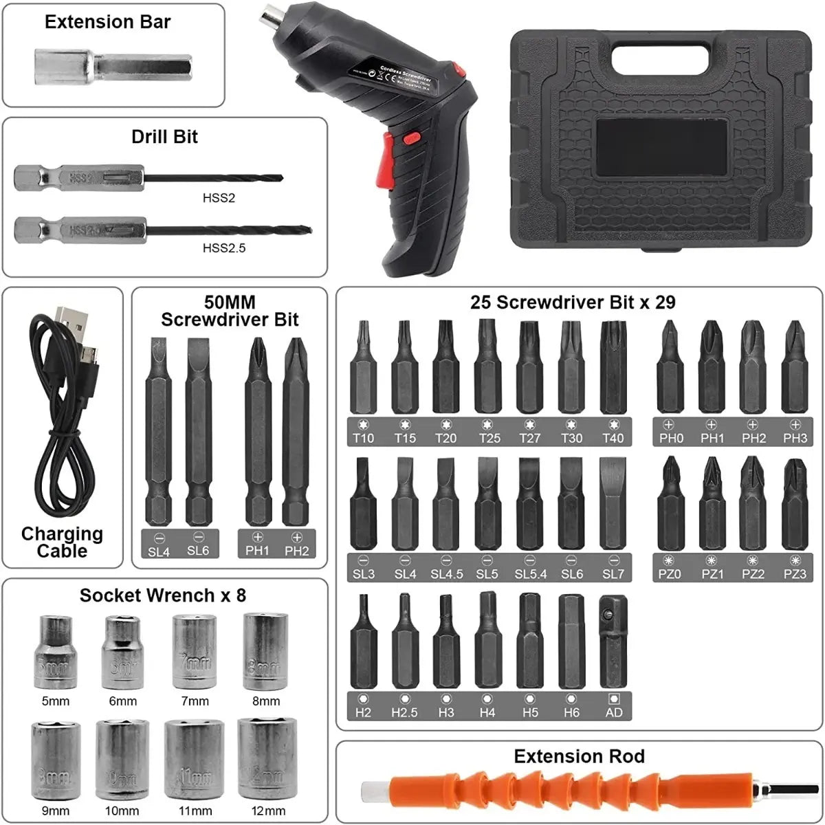 Taladro Destornillador Inalámbrico 45 Accesorios Maleta Color Negro Frecuencia 50 Hz x 60 Hz