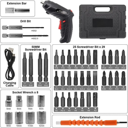Taladro Destornillador Inalámbrico 45 Accesorios Maleta Color Negro Frecuencia 50 Hz x 60 Hz