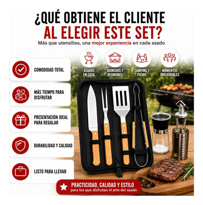Kit Asado Parrilla 4 Utensilios Mango Madera Con Estuche