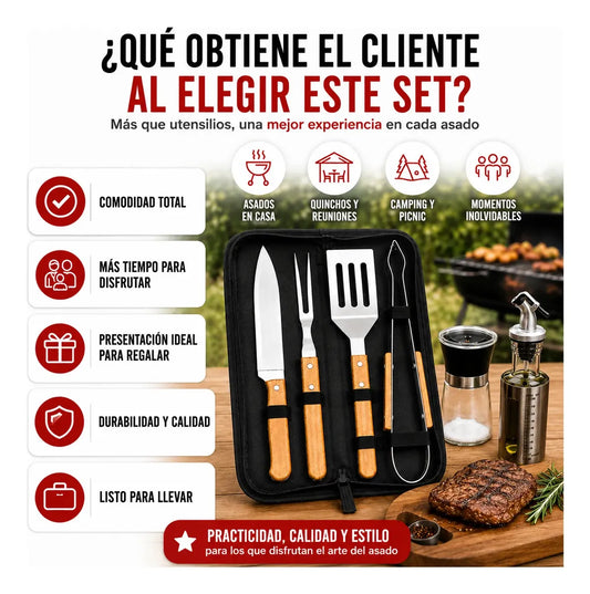 Kit Asado Parrilla 4 Utensilios Mango Madera Con Estuche