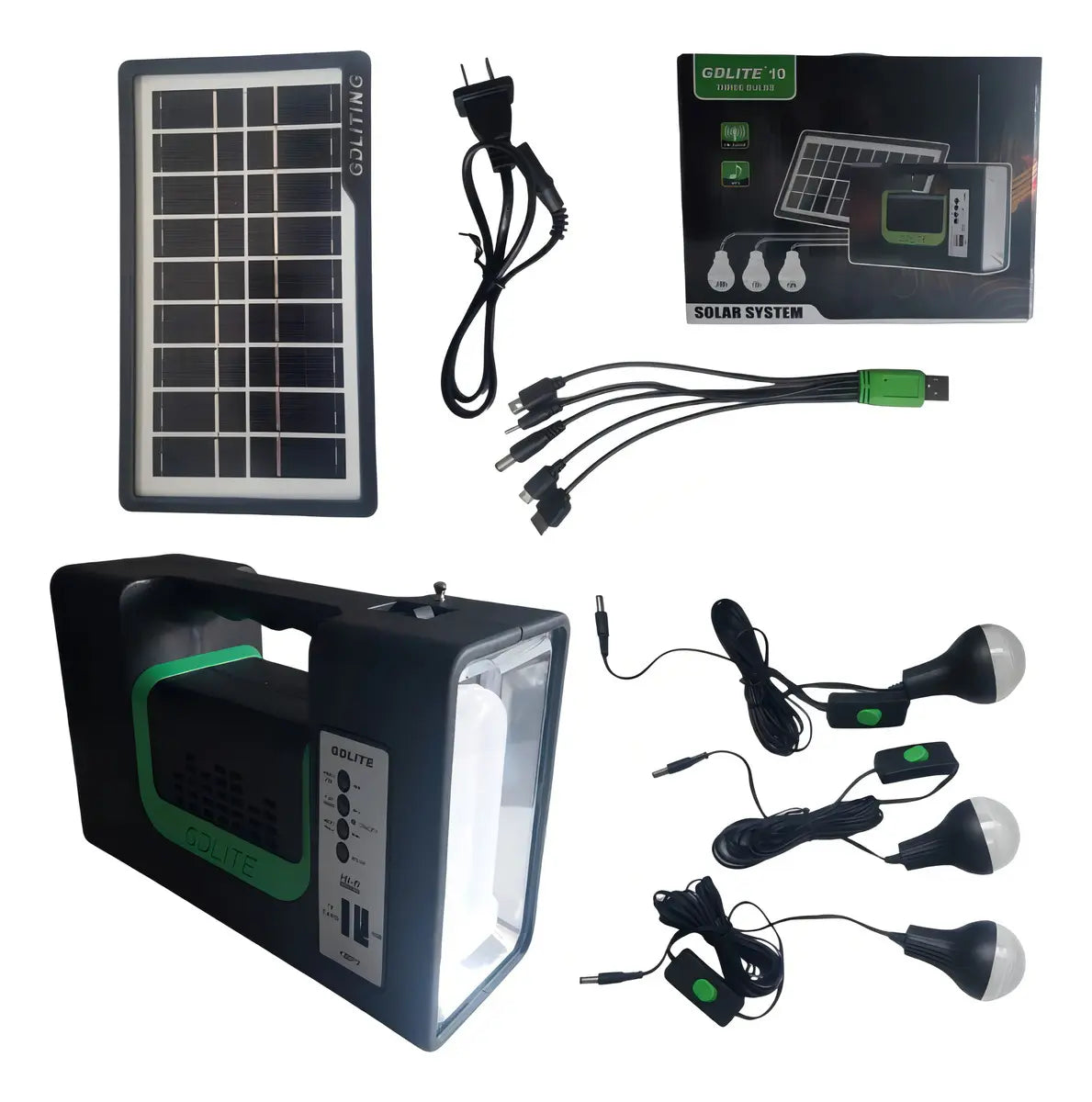 Kit Emergencia Camping Solar 3 Ampolletas Linterna+radio Mp3 Color Negro