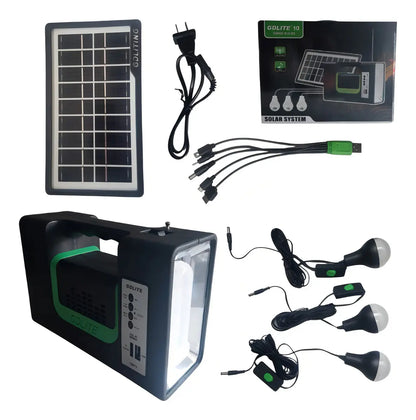 Kit Emergencia Camping Solar 3 Ampolletas Linterna+radio Mp3 Color Negro