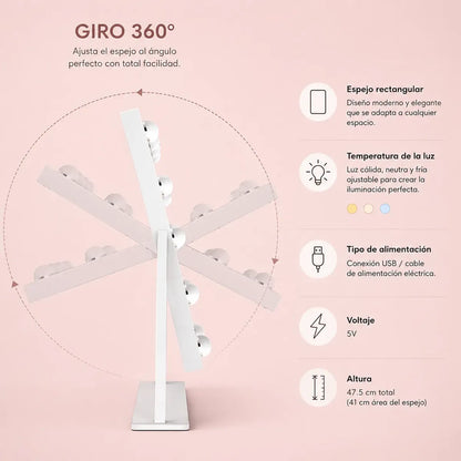 Espejo Maquillaje Hollywood Led Táctil Profesional 3 tonos