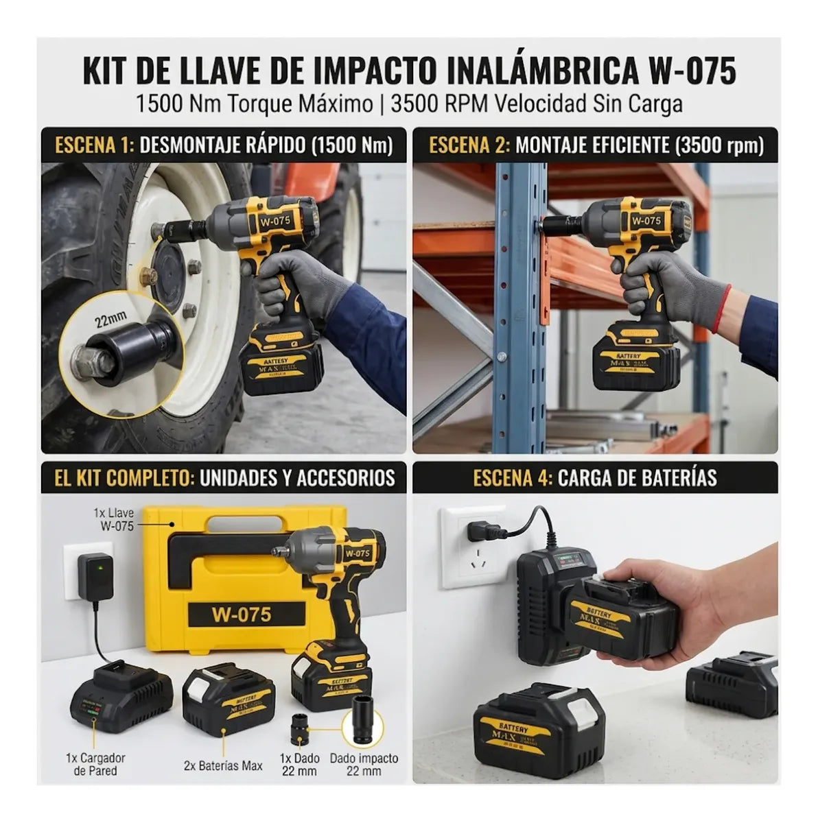 Llave De Impacto Inalámbrica Profesional 1500nm + 2 Baterías