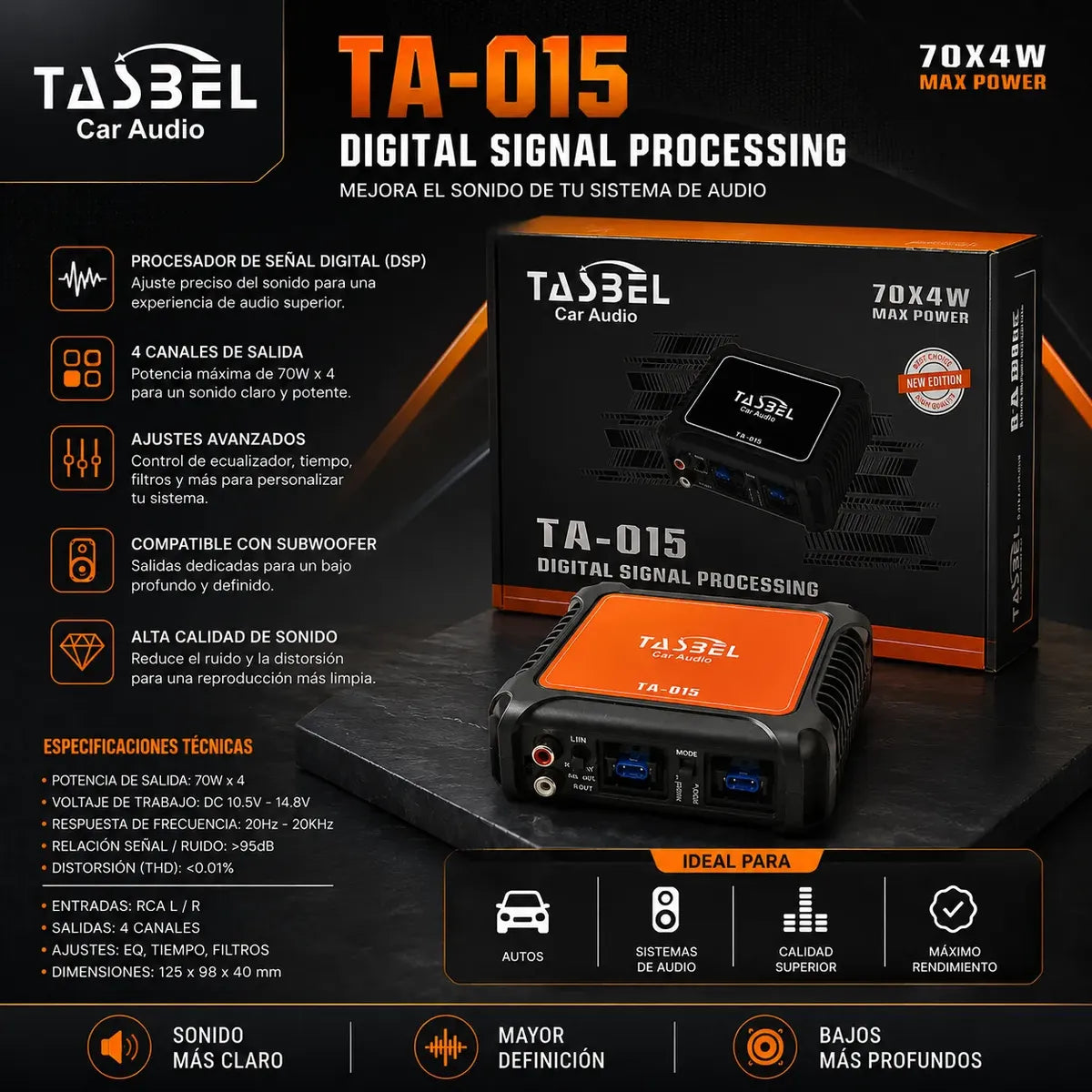 Subwoofer Activo Amplificado Tasbel 6000w 8x12 Pulgadas Auto