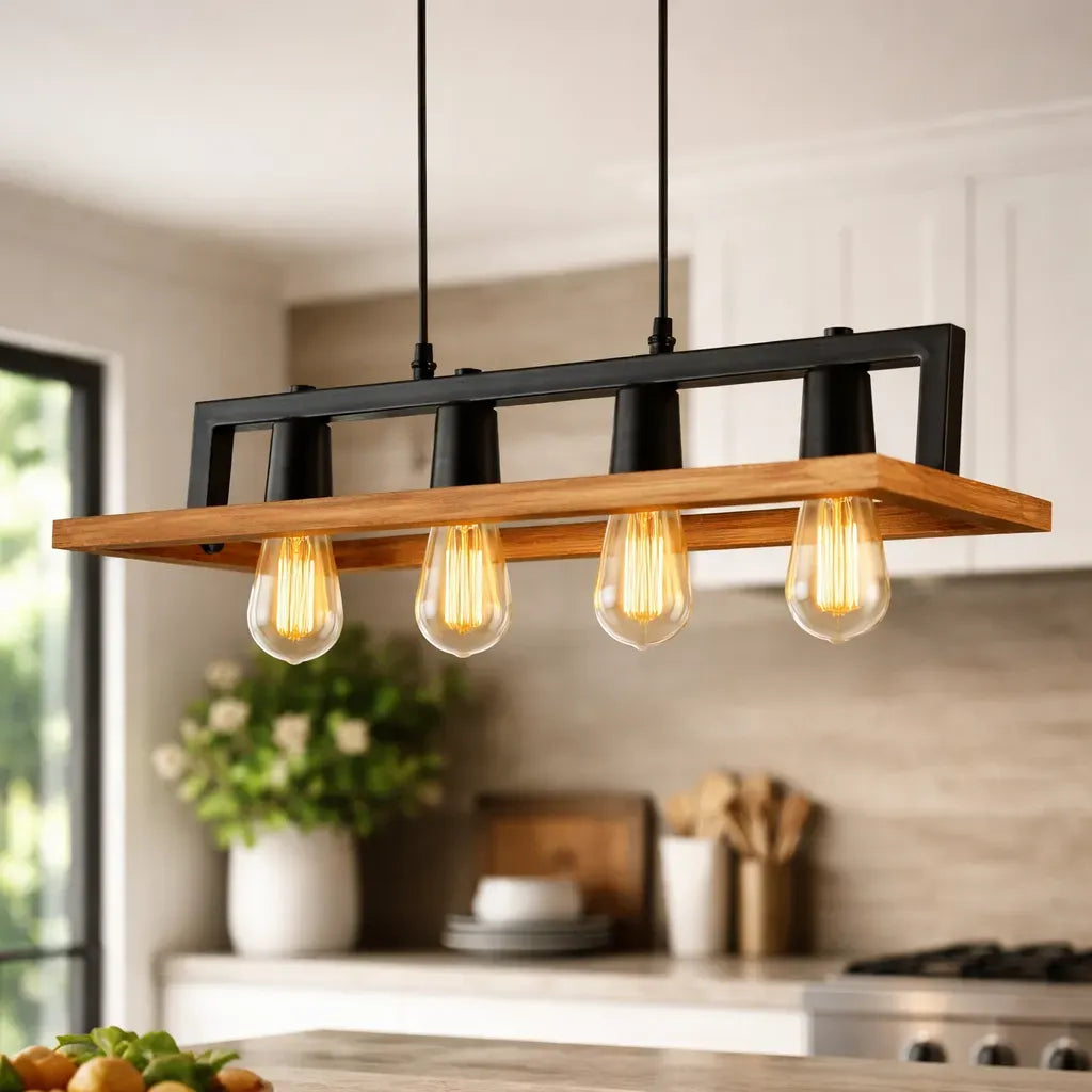 Lampara Colgante Madera + Metal 4 Socates Elegante