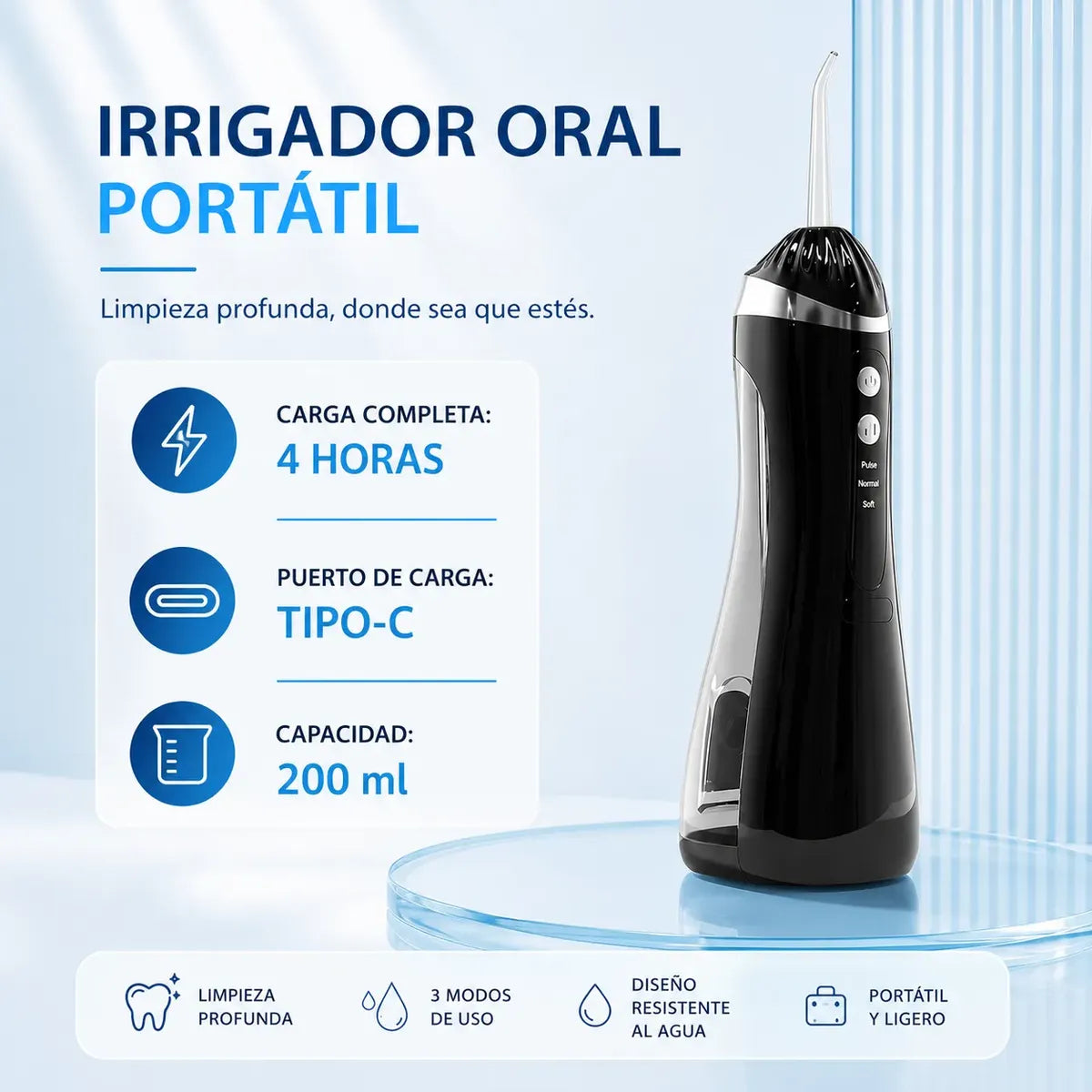 Irrigador Bucal Portátil Recargable Usb-c 4 Boquillas Dental