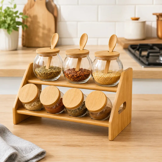 Set Contenedores Vidrio Bambu Organizador Especiero Cocina