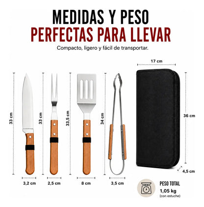 Kit Asado Parrilla 4 Utensilios Mango Madera Con Estuche