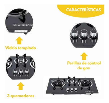 Encimera A Gas Anafe 3 Quemadores Vidrio Templado Boko