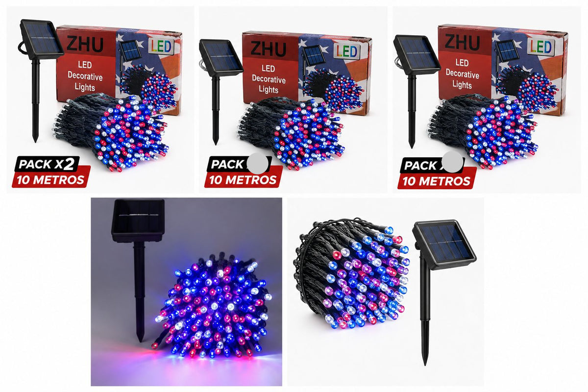 PACK X2 Guirnalda 10 M Luces Exterior Solar Adorno Fiesta Patrias