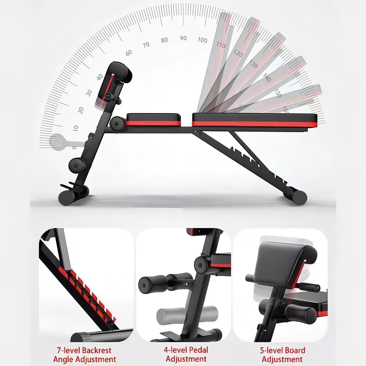 Banco Abdominal Plegable Negro con Respaldo Ajustable 7 Posiciones y Bandas Elásticas