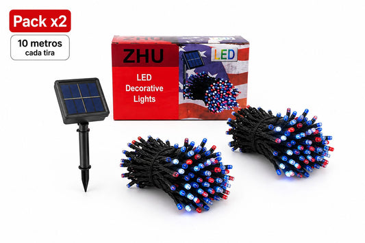 PACK X2 Guirnalda 10 M Luces Exterior Solar Adorno Fiesta Patrias