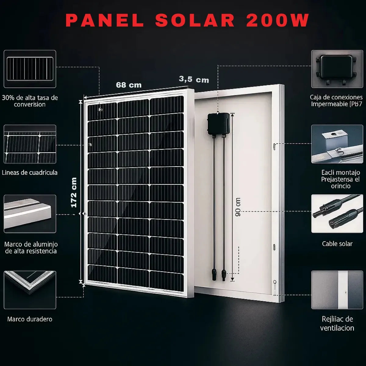 Panel Solar 200W Monocristalino, Panel Solar 200w 12V  Celdas Monocristalino Fotovoltaico