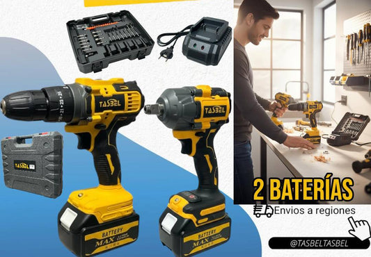 Taladro Inalámbrico + Llave De Impacto Con 2 Baterías Tasbel
